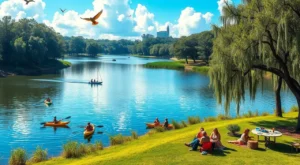 A serene lake scene with people kayaking, picnicking, and sailing under a sunny sky. Birds fly overhead, and a lush park surrounds the water, with a city skyline visible in the background.