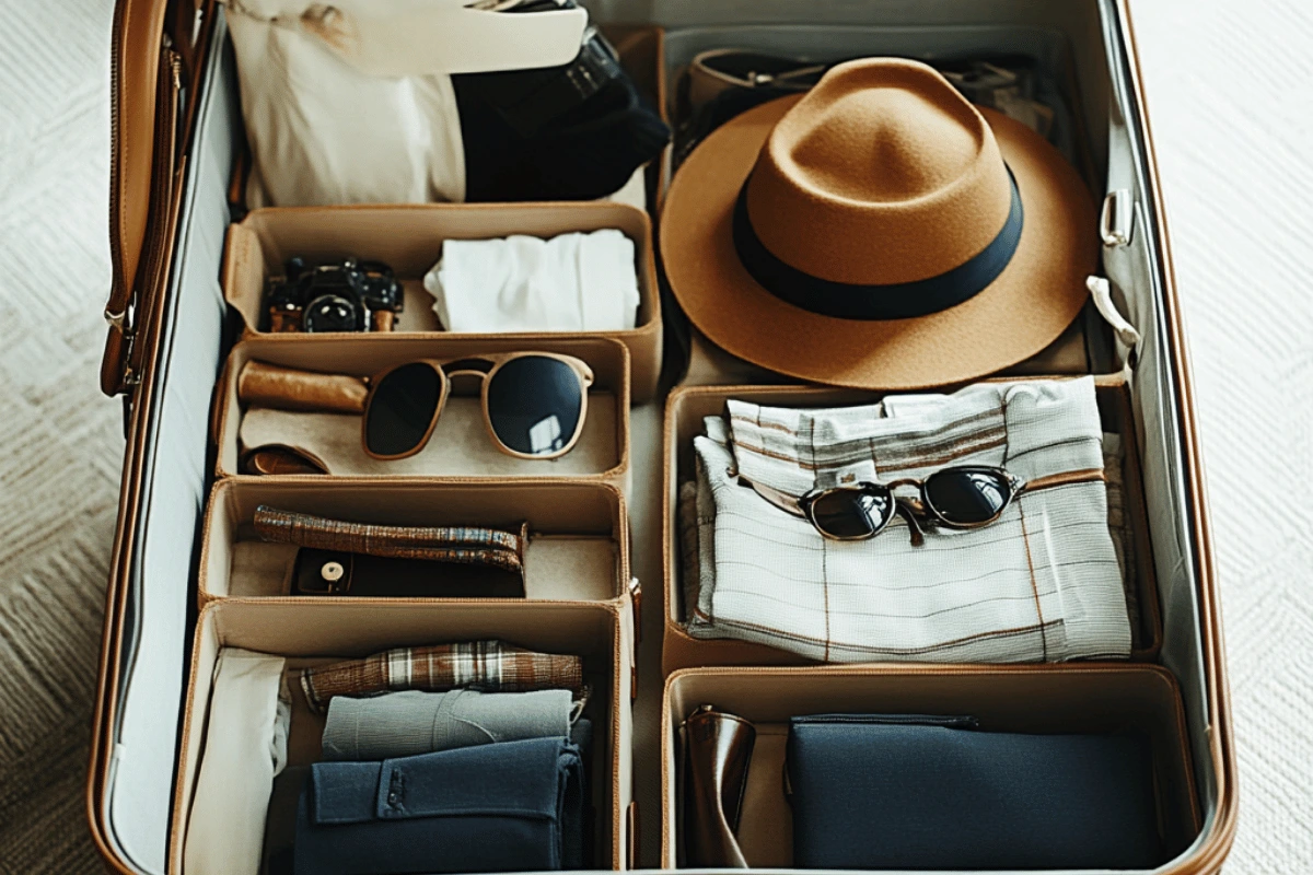 An open suitcase neatly packed with travel essentials, including a stylish brown hat, sunglasses, folded shirts, camera, and accessories. The suitcase is compartmentalized, showing careful organization for a long-term trip.