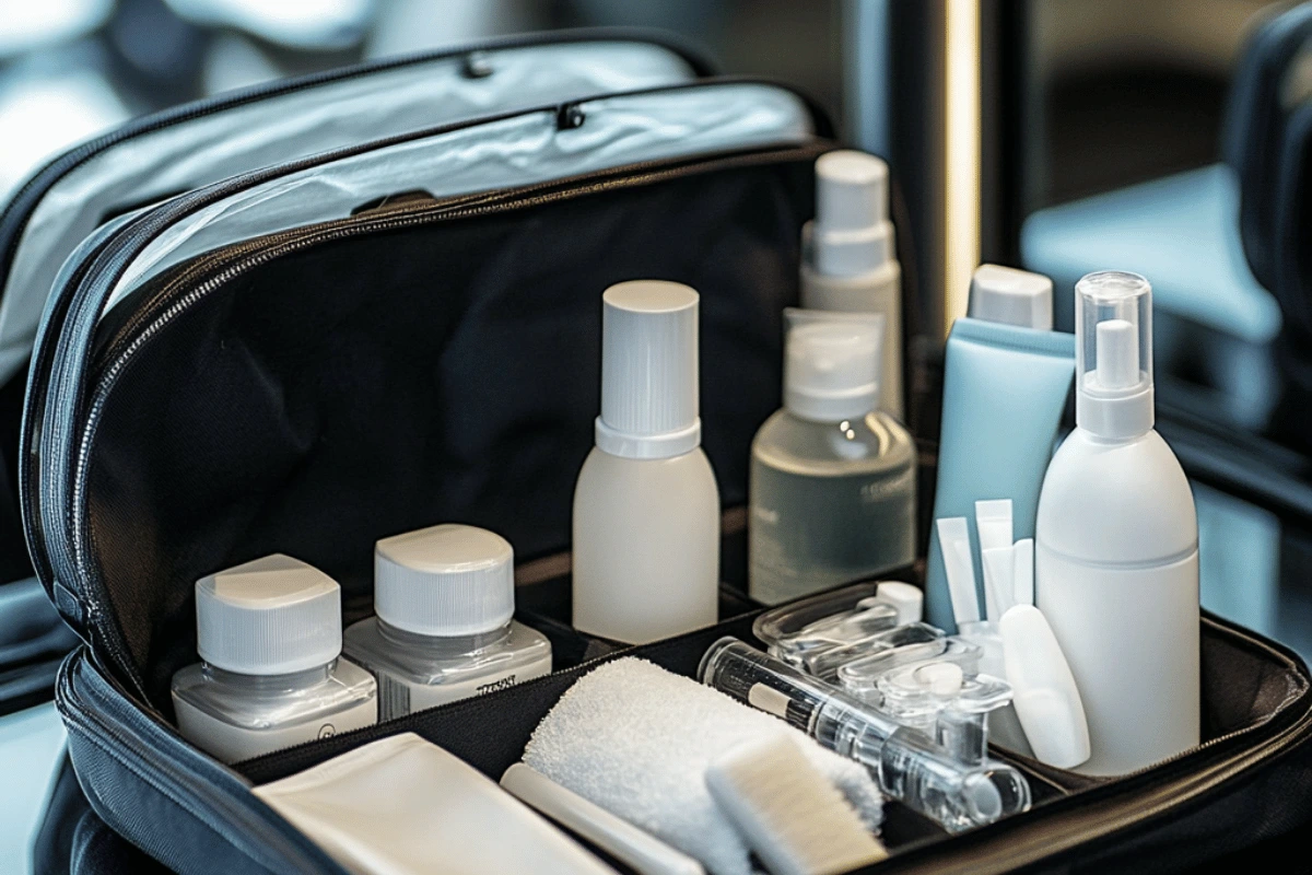 A travel toiletry bag neatly packed with small bottles of skincare products, sprays, and personal care items. The bag is organized with travel-sized containers, a towel, and grooming tools, designed for convenience during a long-term trip.