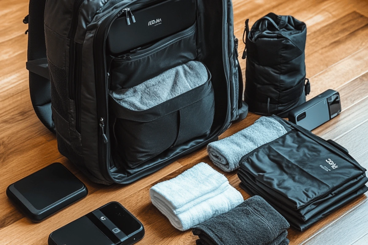 A black travel backpack neatly arranged on a wooden floor alongside folded towels, tech gadgets, a packed roll-up bag, and other essentials. The backpack is open, showing organized compartments, ready for long-term travel with minimal and efficient packing