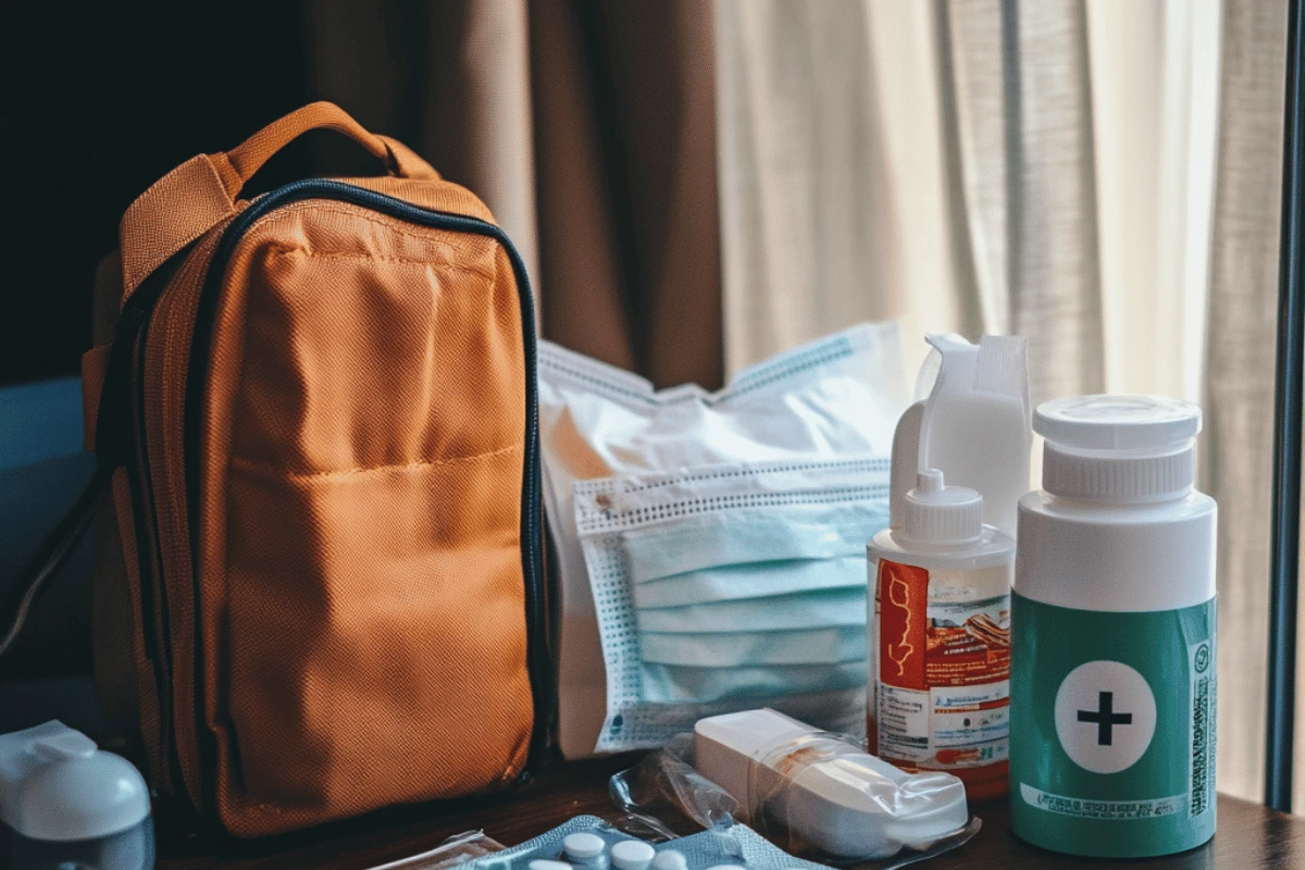 A small orange first aid kit bag placed on a table alongside medical supplies, including face masks, sanitizer, medications, and health-related essentials. The scene suggests preparedness for health and safety during travel