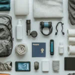 Neatly organized flat lay of essential travel items, including a gray backpack, rolled-up clothing, a passport, camera, tablet, reusable water bottle, toiletries, cables, and other electronics, all arranged on a white background, representing preparation for a long-term trip.