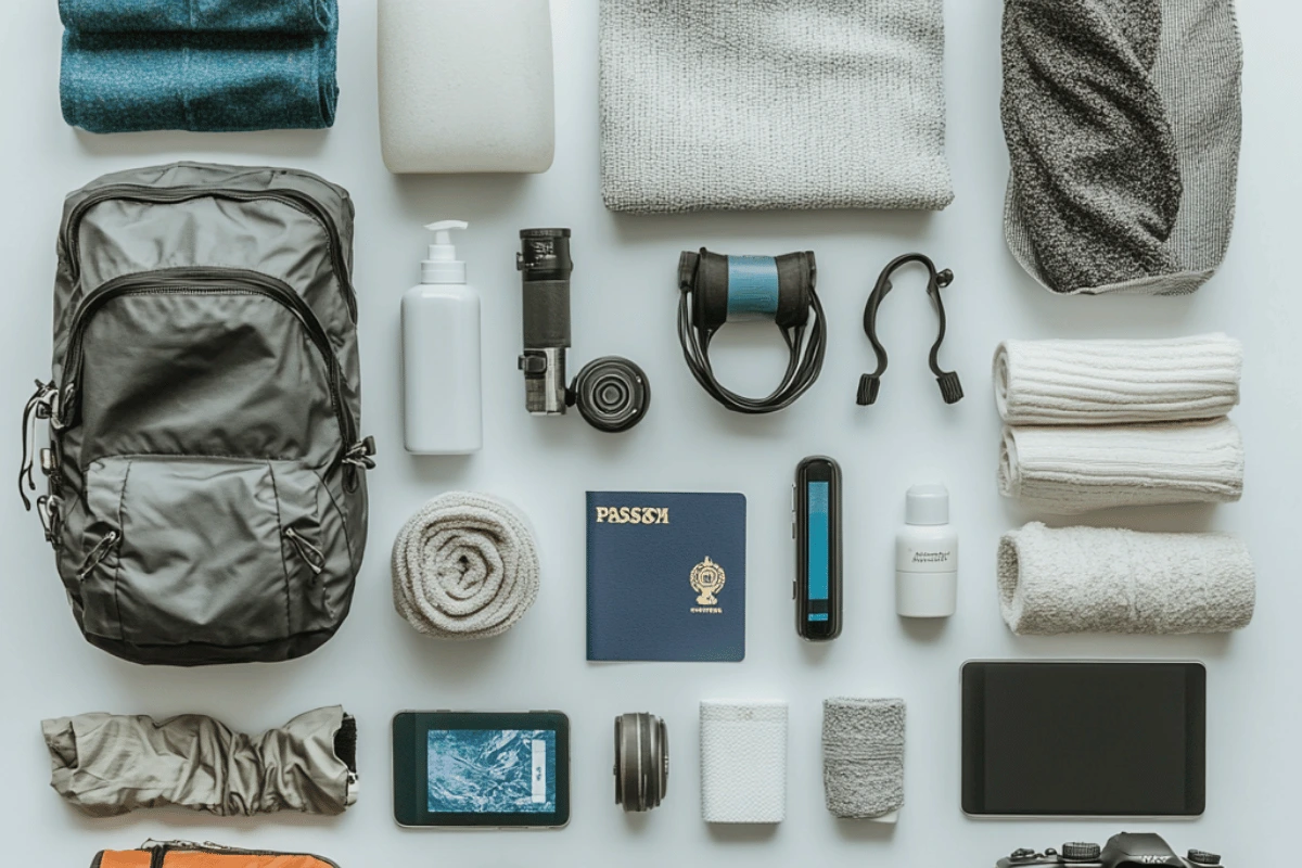 Neatly organized flat lay of essential travel items, including a gray backpack, rolled-up clothing, a passport, camera, tablet, reusable water bottle, toiletries, cables, and other electronics, all arranged on a white background, representing preparation for a long-term trip.