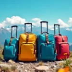 Colorful travel bag in a scenic outdoor setting.