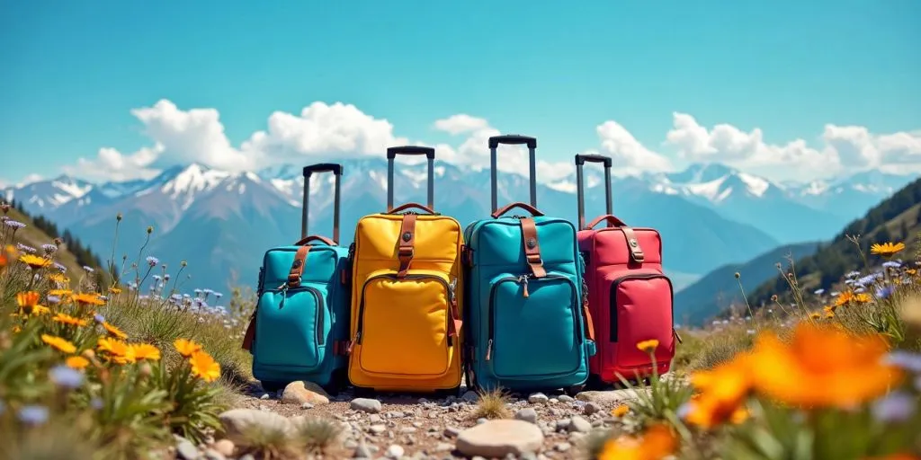 Colorful travel bag in a scenic outdoor setting.