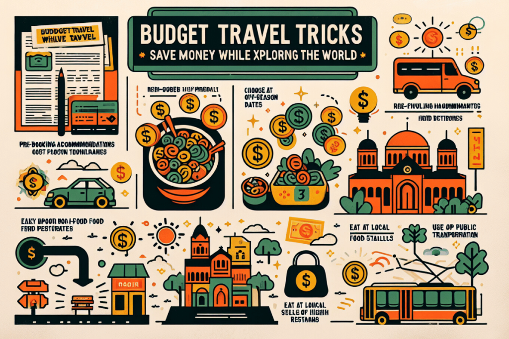 Illustration featuring various budget travel tips, including advice on pre-booking accommodations, choosing off-season dates, using public transportation, eating at local food stalls, and leveraging money-saving hacks during travel. The image showcases icons representing transportation, food, accommodations, and money-saving strategies, encouraging travelers to explore the world affordably